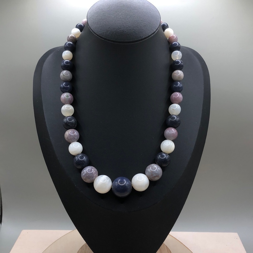 Vintage artisan chunky bead polished stones necklace, boho.